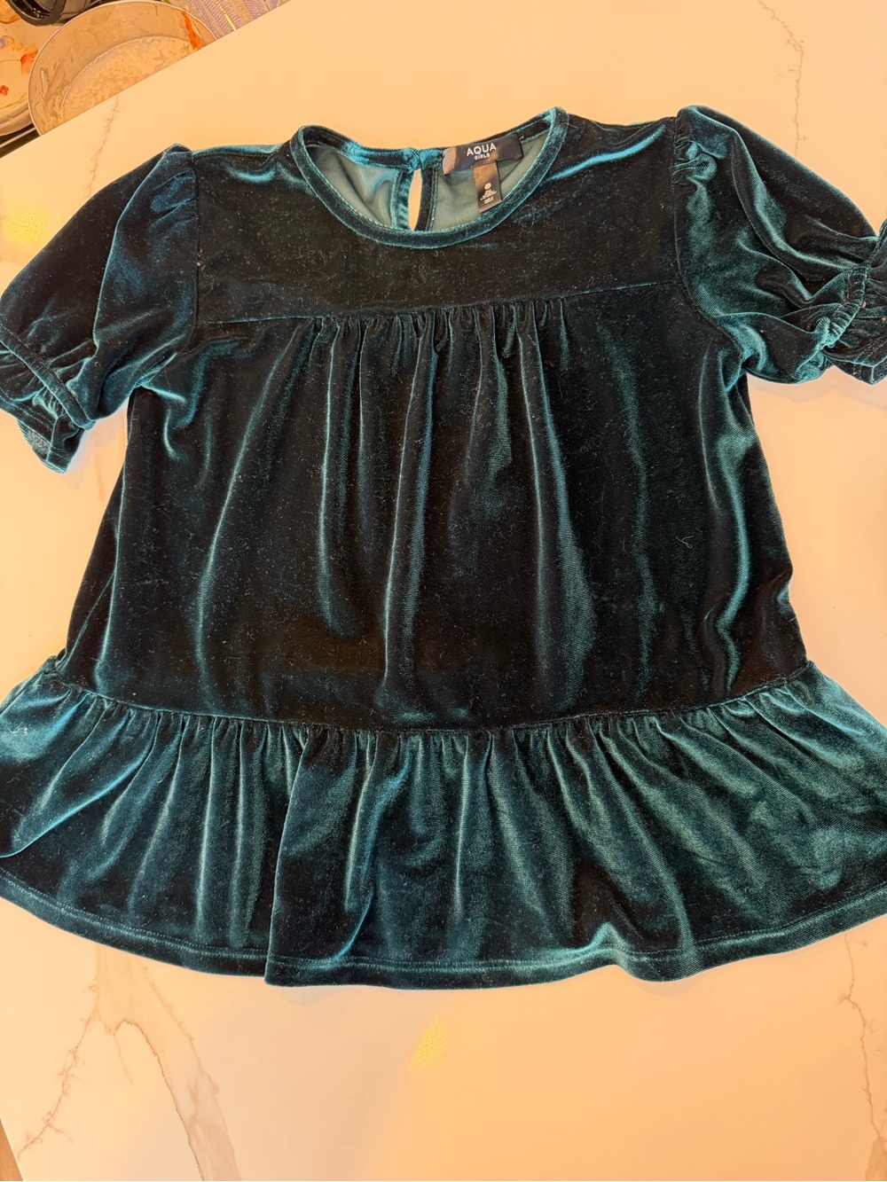 Aqua Dark green  Velvet Ruffle Peplum Top